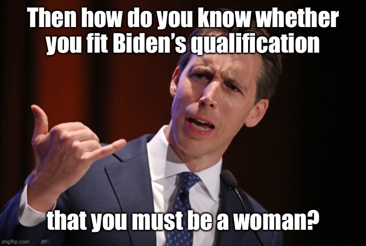 Josh Hawley Traitor | Then how do you know whether you fit Biden’s qualification that you must be a woman? | image tagged in josh hawley traitor | made w/ Imgflip meme maker