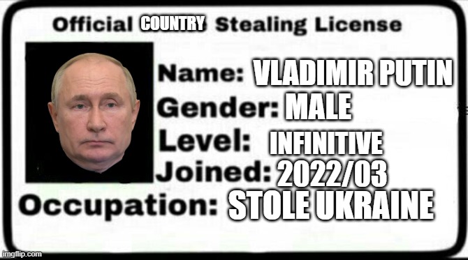 Meme Stealing License |  COUNTRY; VLADIMIR PUTIN; MALE; INFINITIVE; 2022/03; STOLE UKRAINE | image tagged in meme stealing license | made w/ Imgflip meme maker