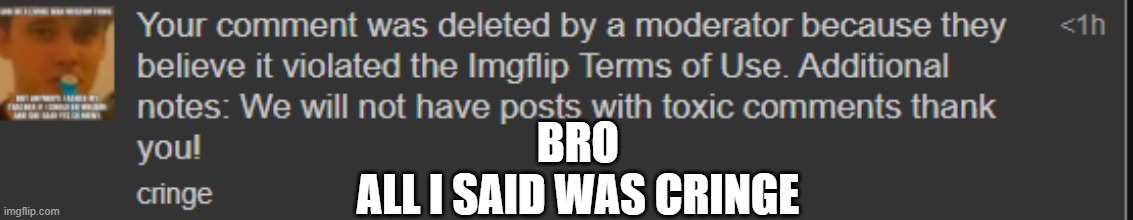 BRO
ALL I SAID WAS CRINGE | made w/ Imgflip meme maker