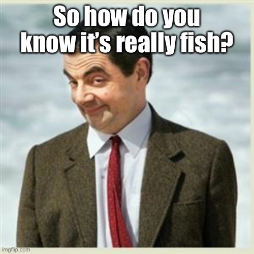 Mr Bean Smirk | So how do you know it’s really fish? | image tagged in mr bean smirk | made w/ Imgflip meme maker