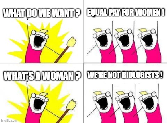 We're not Biologists ! |  WHAT DO WE WANT ? EQUAL PAY FOR WOMEN ! WE'RE NOT BIOLOGISTS ! WHAT'S A WOMAN ? | image tagged in memes,what do we want | made w/ Imgflip meme maker