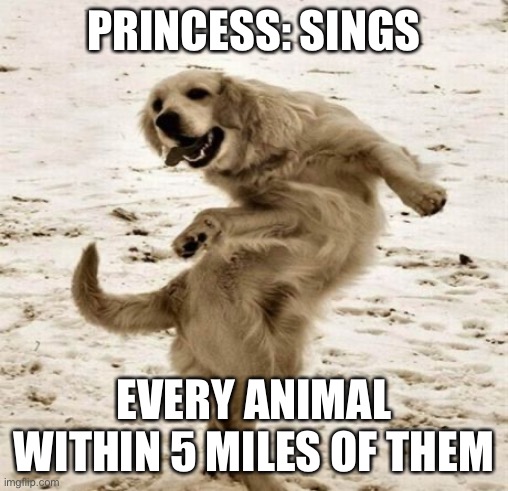 Dancing dog | PRINCESS: SINGS; EVERY ANIMAL WITHIN 5 MILES OF THEM | image tagged in dancing dog,memes,funny,funny memes | made w/ Imgflip meme maker