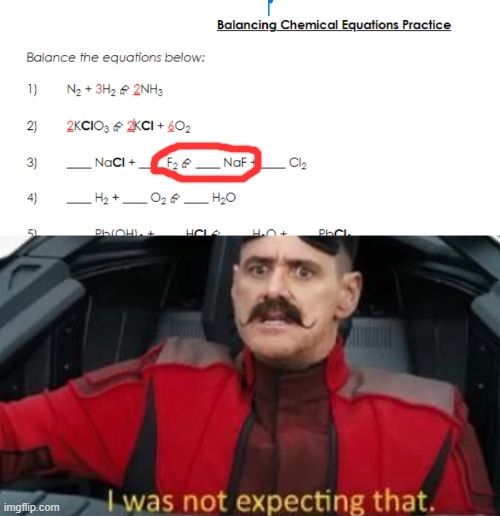 So, I was doing some science work about balancing chemical equations, and I found this at the corner of my eye. | image tagged in i was not expecting that,five nights at freddy's,science | made w/ Imgflip meme maker