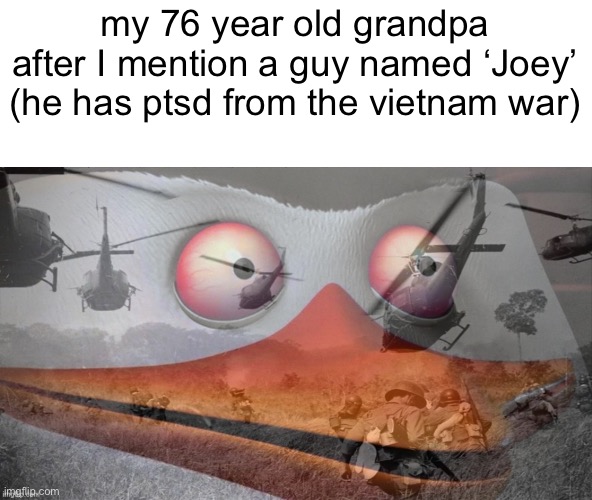 p | my 76 year old grandpa after I mention a guy named ‘Joey’ (he has ptsd from the vietnam war) | image tagged in ptsd skipper | made w/ Imgflip meme maker