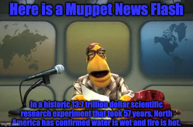 Muppet News Flash | Here is a Muppet News Flash; In a historic 13.7 trillion dollar scientific research experiment that took 57 years, North America has confirmed water is wet and fire is hot. | image tagged in muppet news flash | made w/ Imgflip meme maker