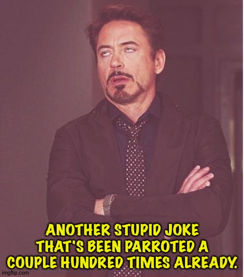 But the unhinged Right thinks it's clever | ANOTHER STUPID JOKE THAT'S BEEN PARROTED A COUPLE HUNDRED TIMES ALREADY. | image tagged in memes,face you make robert downey jr | made w/ Imgflip meme maker