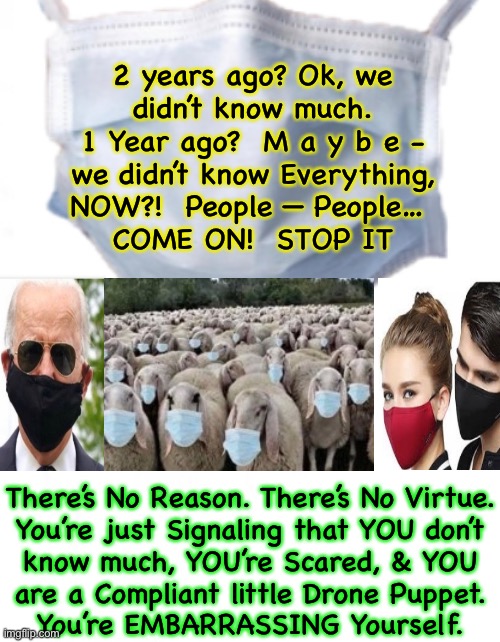 Seriously.  Are you just Dumb?   Or, do you have a Mental Illness (if so, that’s not funny—get help) | 2 years ago? Ok, we
didn’t know much.
1 Year ago?  M a y b e -
we didn’t know Everything,
NOW?!  People — People… 
COME ON!  STOP IT; There’s No Reason. There’s No Virtue.
You’re just Signaling that YOU don’t
know much, YOU’re Scared, & YOU
are a Compliant little Drone Puppet.
You’re EMBARRASSING Yourself. | image tagged in memes,why wear a mask,biden ok,he is an idiot,nancy ok she is evil scary ugly,but you   what are you   and why | made w/ Imgflip meme maker