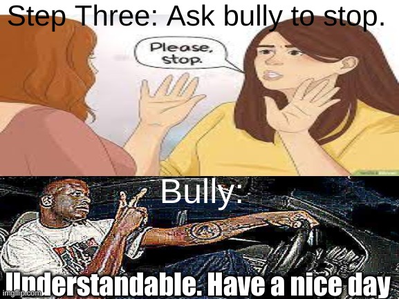 Understandable | Step Three: Ask bully to stop. Bully:; Understandable. Have a nice day | image tagged in understandable have a great day,bullying,funny,understand,memes | made w/ Imgflip meme maker