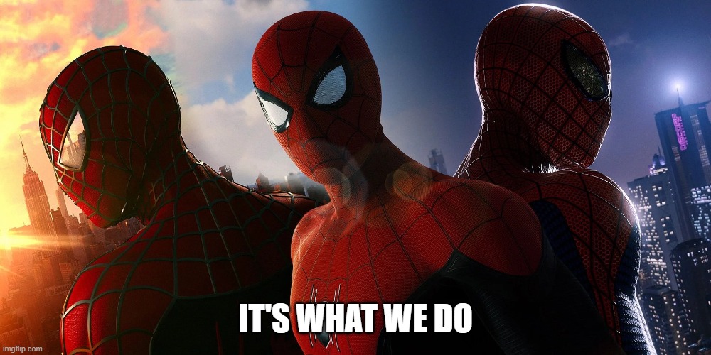 Tres Spider-men | IT'S WHAT WE DO | image tagged in spiderman | made w/ Imgflip meme maker