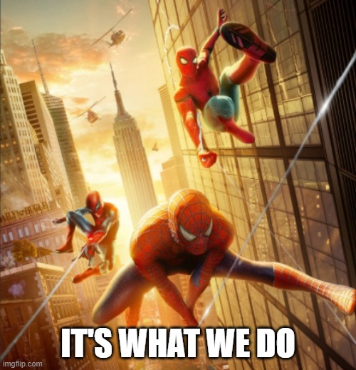 Tres Spider-men Swinging | IT'S WHAT WE DO | image tagged in 3 spider-men,spiderman | made w/ Imgflip meme maker