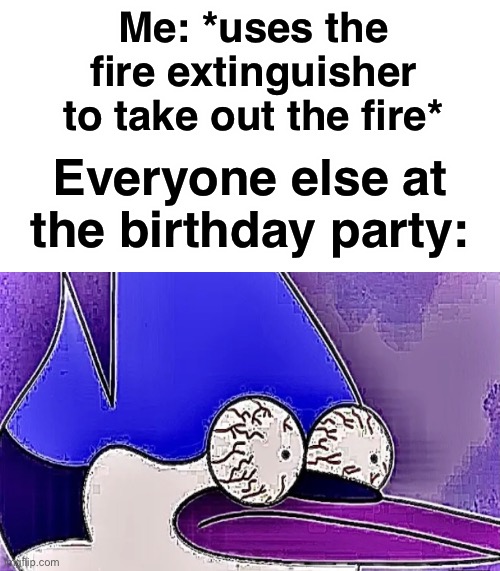 Fire bad |  Me: *uses the fire extinguisher to take out the fire*; Everyone else at the birthday party: | image tagged in regular show,birthday,fire,firefighter,memes,funny | made w/ Imgflip meme maker