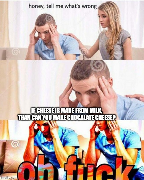 Tell me I'm wrong. | IF CHEESE IS MADE FROM MILK, THAN CAN YOU MAKE CHOCALATE CHEESE? | image tagged in honey tell me what's wrong | made w/ Imgflip meme maker
