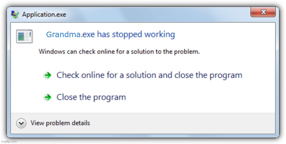 .Exe has stopped working | Grandma | image tagged in exe has stopped working | made w/ Imgflip meme maker