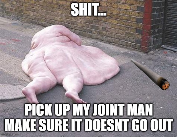 cfxdscklnj | SHIT... PICK UP MY JOINT MAN MAKE SURE IT DOESNT GO OUT | image tagged in fat splat,funny memes,meme,funny,memes | made w/ Imgflip meme maker
