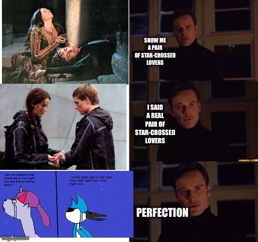 perfection | SHOW ME A PAIR OF STAR-CROSSED LOVERS; I SAID A REAL PAIR OF STAR-CROSSED LOVERS; PERFECTION | image tagged in perfection,Mordetwi | made w/ Imgflip meme maker