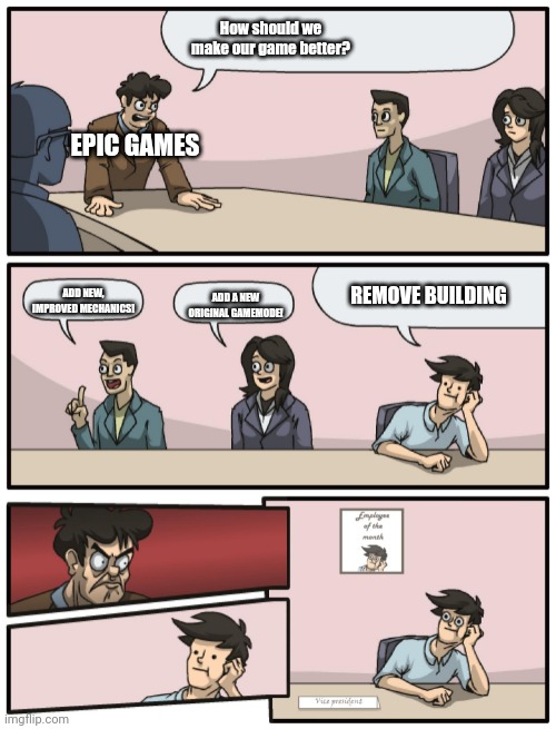 Fortbite be like: |  How should we make our game better? EPIC GAMES; ADD NEW, IMPROVED MECHANICS! ADD A NEW ORIGINAL GAMEMODE! REMOVE BUILDING | image tagged in boardroom meeting unexpected ending | made w/ Imgflip meme maker
