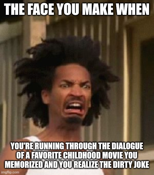 It hit me like a ton of pounds | THE FACE YOU MAKE WHEN; YOU'RE RUNNING THROUGH THE DIALOGUE OF A FAVORITE CHILDHOOD MOVIE YOU MEMORIZED AND YOU REALIZE THE DIRTY JOKE | image tagged in that moment you realized | made w/ Imgflip meme maker