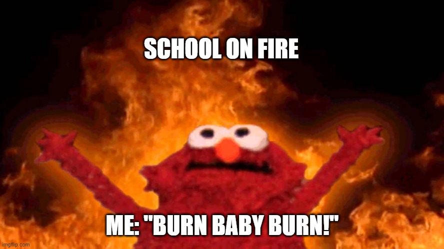 Light it on fire | SCHOOL ON FIRE; ME: "BURN BABY BURN!" | image tagged in elmo fire | made w/ Imgflip meme maker