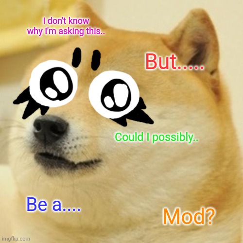 Can I be a mod? | I don't know why I'm asking this.. But..... Could I possibly.. Be a.... Mod? | image tagged in memes,doge | made w/ Imgflip meme maker