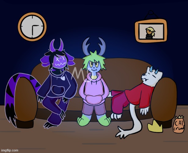 me and the boys at 3AM (art made by me, full character credit in the comments) | image tagged in furry,art,drawings,cats,i am very proud of this,me and the boys at 3 am | made w/ Imgflip meme maker