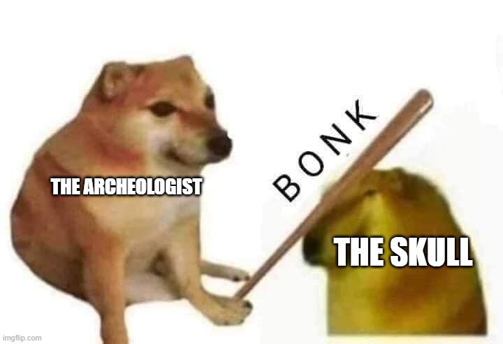 Doge bonk | THE ARCHEOLOGIST THE SKULL | image tagged in doge bonk | made w/ Imgflip meme maker