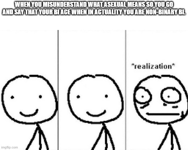 whoops *based on a very true story* | WHEN YOU MISUNDERSTAND WHAT ASEXUAL MEANS SO YOU GO AND SAY THAT YOUR BI ACE WHEN IN ACTUALITY YOU ARE NON-BINARY BI. | image tagged in realization | made w/ Imgflip meme maker