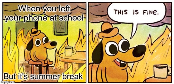 This Is Fine | When you left your phone at school; But it's summer break | image tagged in memes,this is fine | made w/ Imgflip meme maker
