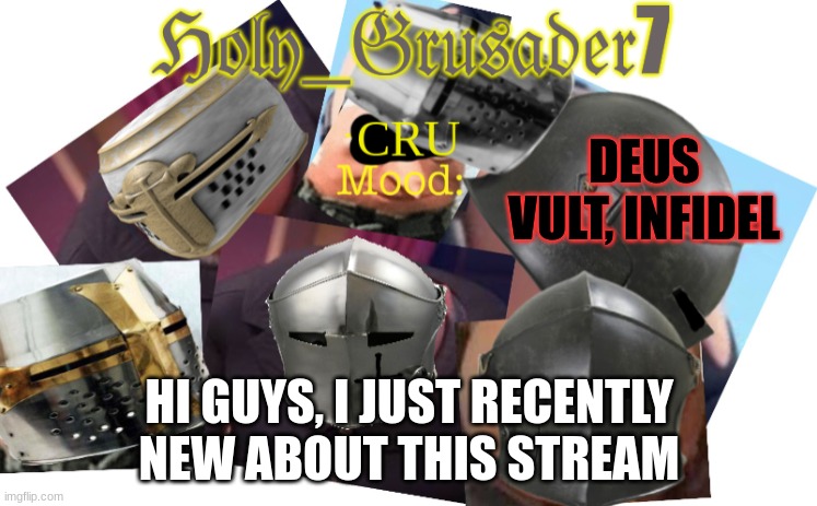 Holy_Grusader7 | DEUS VULT, INFIDEL; HI GUYS, I JUST RECENTLY NEW ABOUT THIS STREAM | image tagged in holy_grusader7 | made w/ Imgflip meme maker