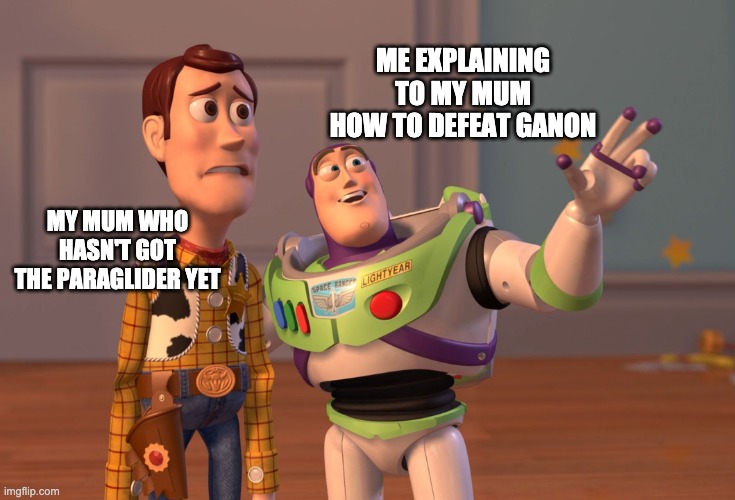 I got my mum to play zelda botw :) | ME EXPLAINING TO MY MUM HOW TO DEFEAT GANON; MY MUM WHO HASN'T GOT THE PARAGLIDER YET | image tagged in memes,x x everywhere,the legend of zelda breath of the wild | made w/ Imgflip meme maker