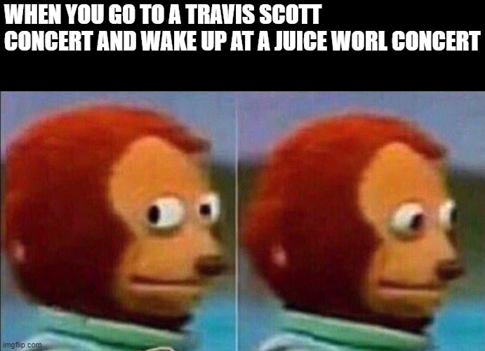 Monkey looking away | WHEN YOU GO TO A TRAVIS SCOTT CONCERT AND WAKE UP AT A JUICE WORL CONCERT | image tagged in monkey looking away | made w/ Imgflip meme maker