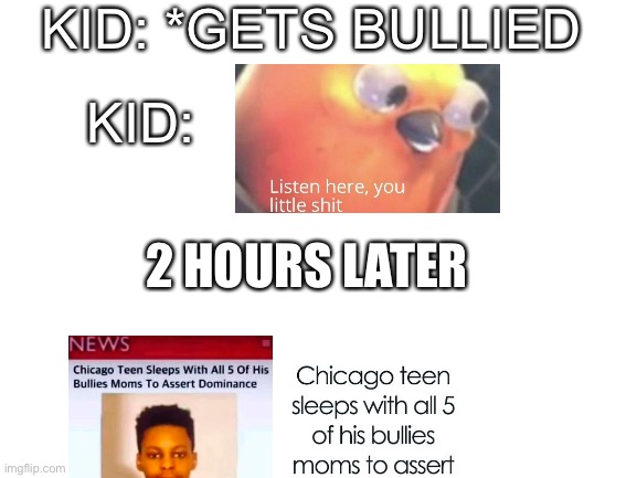 This kid really wanted dominance | KID: *GETS BULLIED; KID:; 2 HOURS LATER | image tagged in listen here you little shit,news | made w/ Imgflip meme maker
