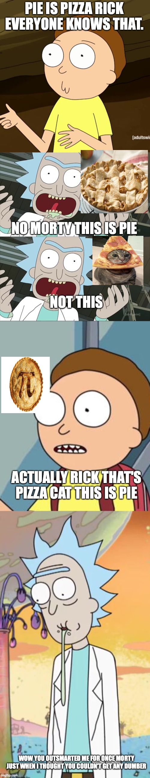 dumbbbb | PIE IS PIZZA RICK EVERYONE KNOWS THAT. NO MORTY THIS IS PIE; NOT THIS; ACTUALLY RICK THAT'S PIZZA CAT THIS IS PIE; WOW YOU OUTSMARTED ME FOR ONCE MORTY JUST WHEN I THOUGHT YOU COULDN'T GET ANY DUMBER | image tagged in do you even rick and morty,rick sanchez,morty i'm in,rick sanchez drooling rick and morty | made w/ Imgflip meme maker