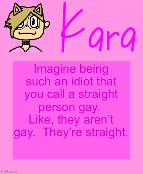 Kara temp | Imagine being such an idiot that you call a straight person gay.  Like, they aren’t gay.  They’re straight. | image tagged in kara temp | made w/ Imgflip meme maker