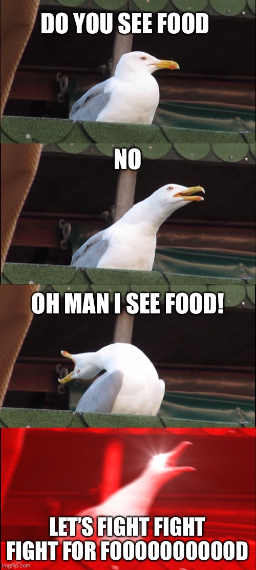 Seagulls be like | DO YOU SEE FOOD; NO; OH MAN I SEE FOOD! LET’S FIGHT FIGHT FIGHT FOR FOOOOOOOOOOD | image tagged in memes,inhaling seagull,food | made w/ Imgflip meme maker