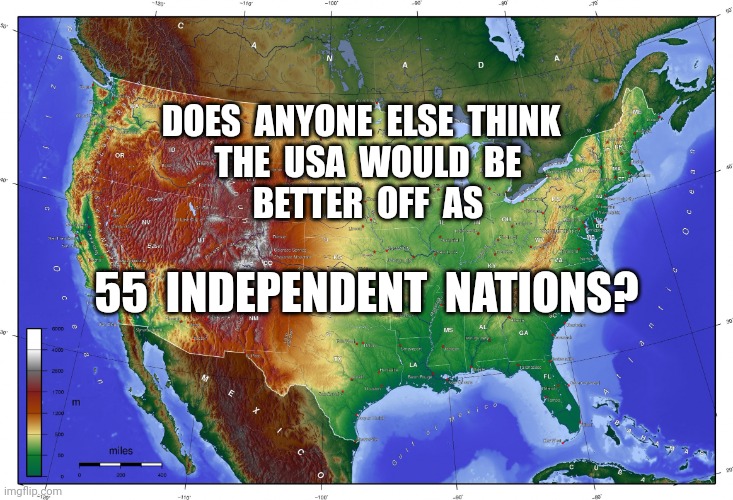 USA topographic | DOES  ANYONE  ELSE  THINK 
 THE  USA  WOULD  BE
 BETTER  OFF  AS; 55  INDEPENDENT  NATIONS? | image tagged in usa topographic | made w/ Imgflip meme maker