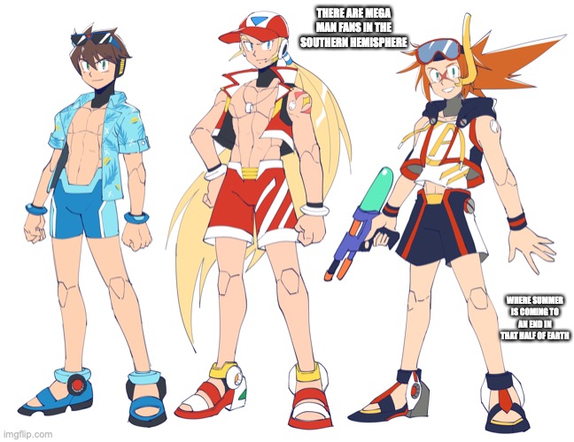 Maverick Hunters in Swimsuits | THERE ARE MEGA MAN FANS IN THE SOUTHERN HEMISPHERE; WHERE SUMMER IS COMING TO AN END IN THAT HALF OF EARTH | image tagged in megaman,megaman x,memes | made w/ Imgflip meme maker