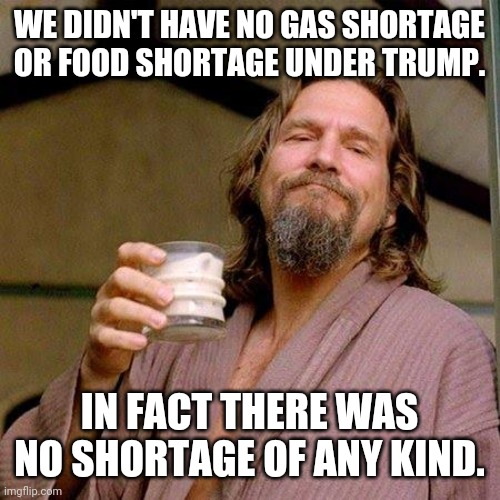 Just a reminder. | WE DIDN'T HAVE NO GAS SHORTAGE OR FOOD SHORTAGE UNDER TRUMP. IN FACT THERE WAS NO SHORTAGE OF ANY KIND. | image tagged in the dude | made w/ Imgflip meme maker