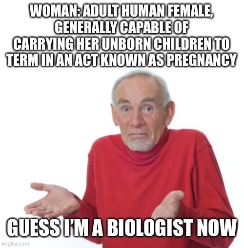 Guess I'll die  | WOMAN: ADULT HUMAN FEMALE, GENERALLY CAPABLE OF CARRYING HER UNBORN CHILDREN TO TERM IN AN ACT KNOWN AS PREGNANCY GUESS I’M A BIOLOGIST NOW | image tagged in guess i'll die | made w/ Imgflip meme maker