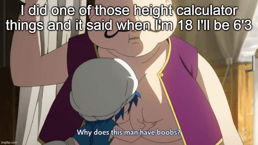 I can literally feel the cap | I did one of those height calculator things and it said when I'm 18 I'll be 6'3 | image tagged in why does this man have boobs | made w/ Imgflip meme maker