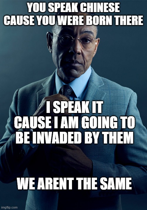 Gus Fring we are not the same | YOU SPEAK CHINESE CAUSE YOU WERE BORN THERE; I SPEAK IT CAUSE I AM GOING TO BE INVADED BY THEM; WE ARENT THE SAME | image tagged in gus fring we are not the same | made w/ Imgflip meme maker