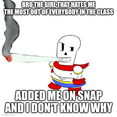 Papyrus smokes a fat blunt | BRO THE GIRL THAT HATES ME THE MOST OUT OF EVERYBODY IN THE CLASS; ADDED ME ON SNAP AND I DON'T KNOW WHY | image tagged in papyrus smokes a fat blunt | made w/ Imgflip meme maker