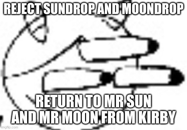Idiot Staring | REJECT SUNDROP AND MOONDROP; RETURN TO MR SUN AND MR MOON FROM KIRBY | image tagged in idiot staring | made w/ Imgflip meme maker