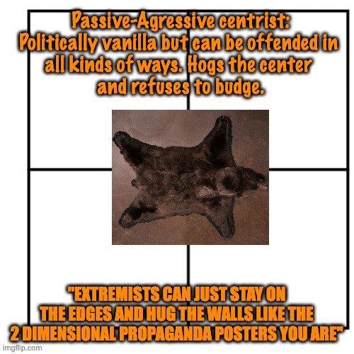 Passive-Agressive centrist:
Politically vanilla but can be offended in 
all kinds of ways. Hogs the center 
and refuses to budge. "EXTREMIST | made w/ Imgflip meme maker