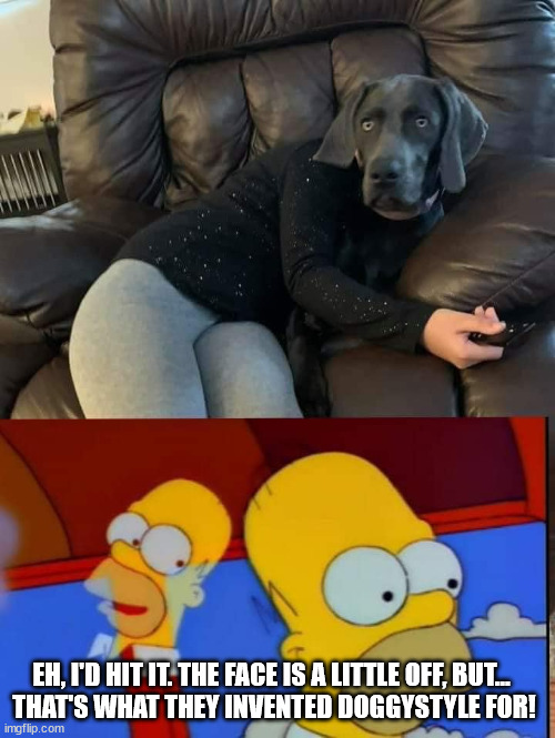 Legend of the Dogfaced Woman | EH, I'D HIT IT. THE FACE IS A LITTLE OFF, BUT... 
THAT'S WHAT THEY INVENTED DOGGYSTYLE FOR! | image tagged in dirty joke,the simpsons,homer simpson,thoughts,deep thoughts | made w/ Imgflip meme maker