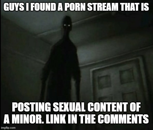 this is starting to scare me. this is freaking me out. | GUYS I FOUND A PORN STREAM THAT IS; POSTING SEXUAL CONTENT OF A MINOR. LINK IN THE COMMENTS | made w/ Imgflip meme maker