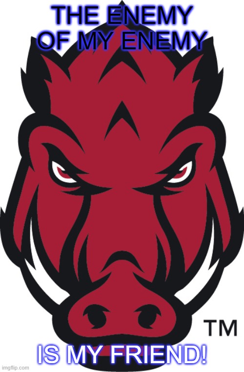 Razorback tough | THE ENEMY OF MY ENEMY; IS MY FRIEND! | image tagged in arkansas,sports | made w/ Imgflip meme maker