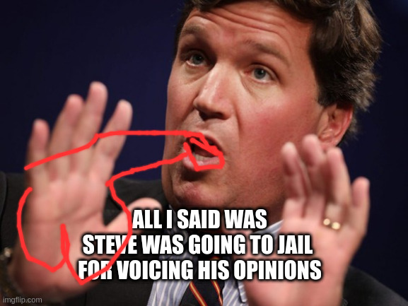 politics so boring | ALL I SAID WAS
STEVE WAS GOING TO JAIL 
FOR VOICING HIS OPINIONS | image tagged in tucker fucker,grafitti | made w/ Imgflip meme maker