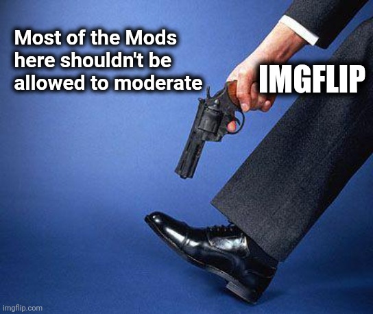 2 days in Imgflip jail for disagreeing with a Liberal ? | Most of the Mods
 here shouldn't be
 allowed to moderate; IMGFLIP | image tagged in shoot yourself in the foot,woke,joke,deranged,sheep | made w/ Imgflip meme maker