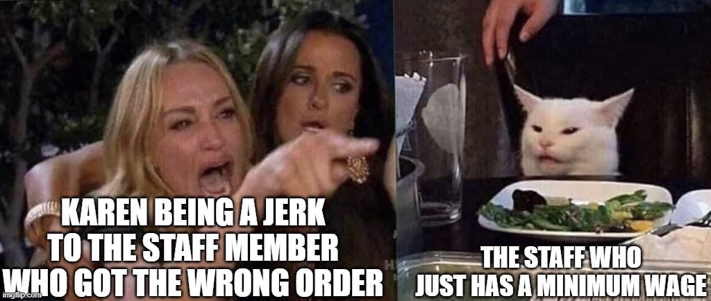 woman yelling at cat | KAREN BEING A JERK TO THE STAFF MEMBER WHO GOT THE WRONG ORDER; THE STAFF WHO JUST HAS A MINIMUM WAGE | image tagged in woman yelling at cat | made w/ Imgflip meme maker