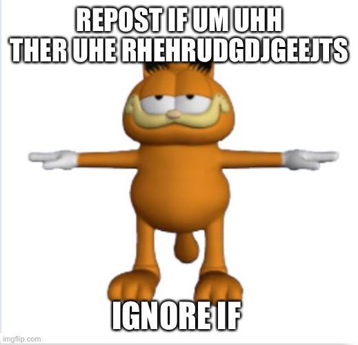 garfield t-pose | REPOST IF UM UHH THER UHE RHEHRUDGDJGEEJTS; IGNORE IF | image tagged in garfield t-pose | made w/ Imgflip meme maker